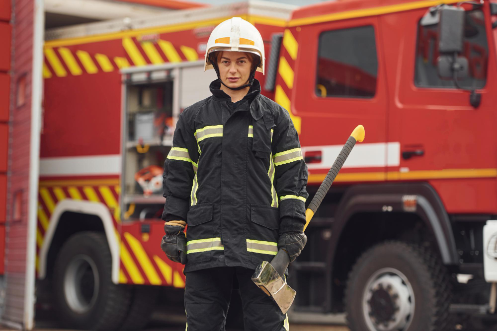 Feuerwehrfrau mit Axt vor einem Löschfahrzeug